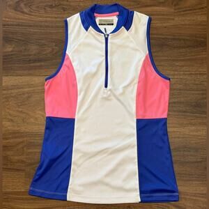 PGA Tour Tank Top Women Medium Blue Pink White Zip Sleeveless Golf Active